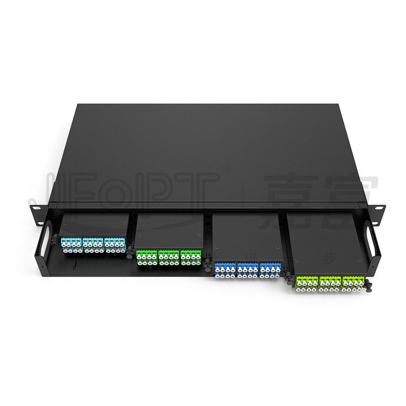 19 inch 1U 96 lõi 4 phần mô-đun hộp MPO Patch Panel ODF với mặc định tiêu chuẩn dây chuỗi LC kim loại giá đỡ gắn