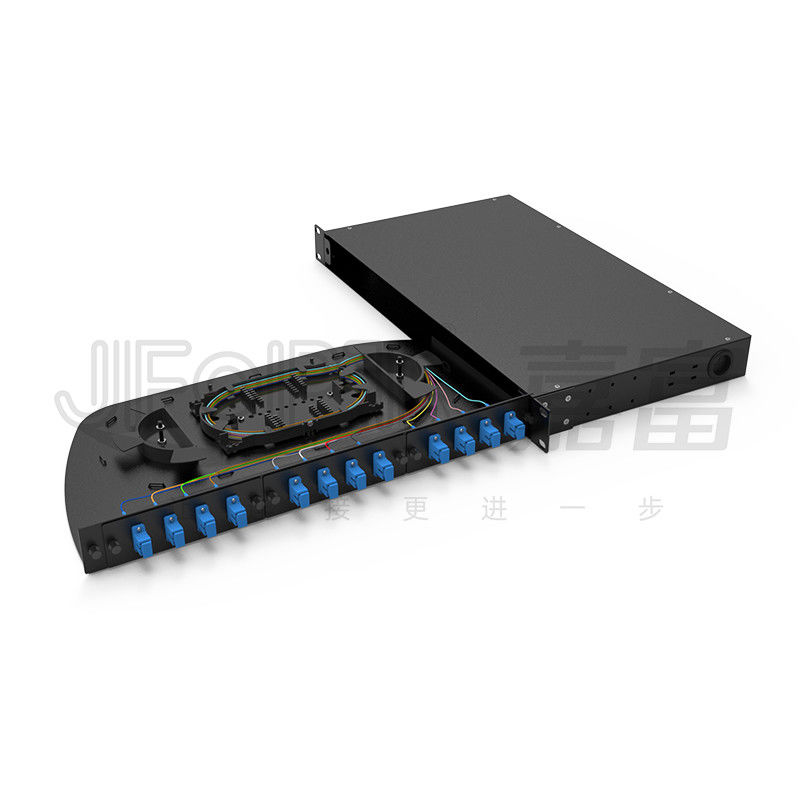 FTTZ FTTB 1U Thiết kế xoay Fusion Splice Tray 12/24/48/96 Cores Fiber Patch Panel Thép cán nguội Tủ gắn tủ